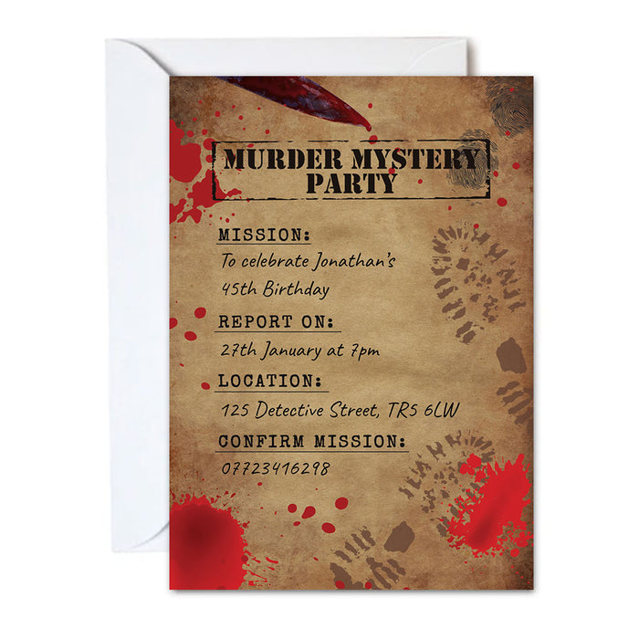 Invitation card for a murder mystery party with red stains and text details.