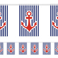 Nautical-themed banner with red anchors on blue and white striped background