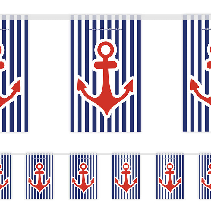 Nautical-themed banner with red anchors on blue and white striped background