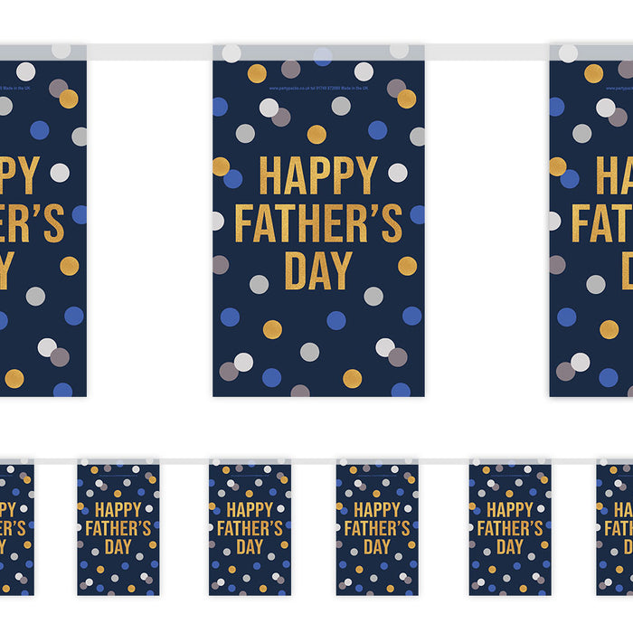 A navy and gold paper bunting decoration with 'Happy Father's Day' text and polka dots pattern.
