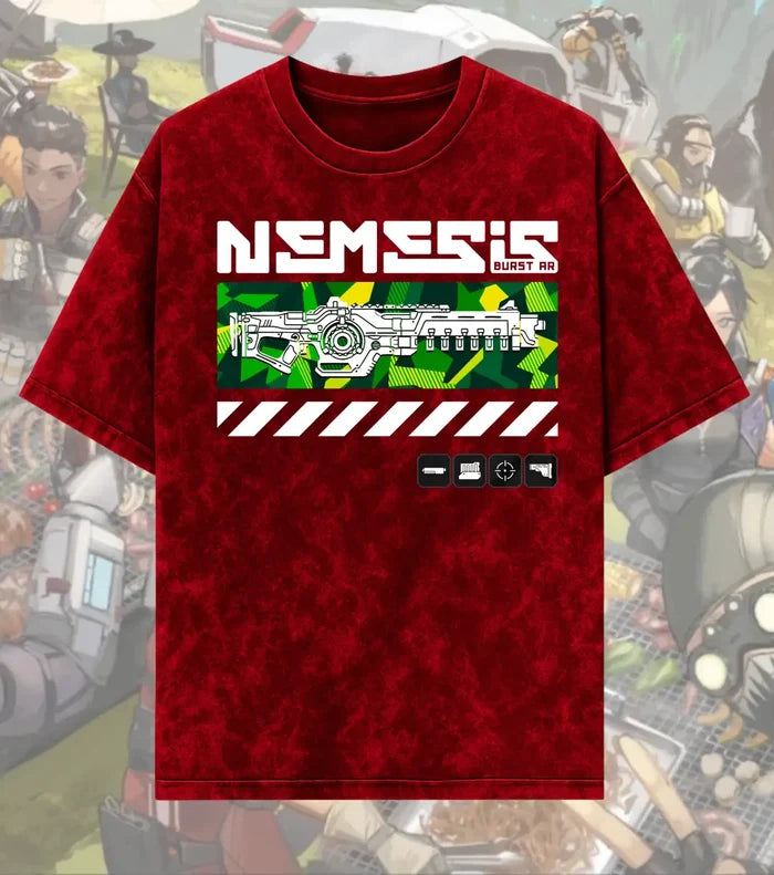 Nemesis Burst AR Tactical Tee – Apex Legends Inspired Gaming Acid-Wash T-Shirt - Maroon / S - Apex legends