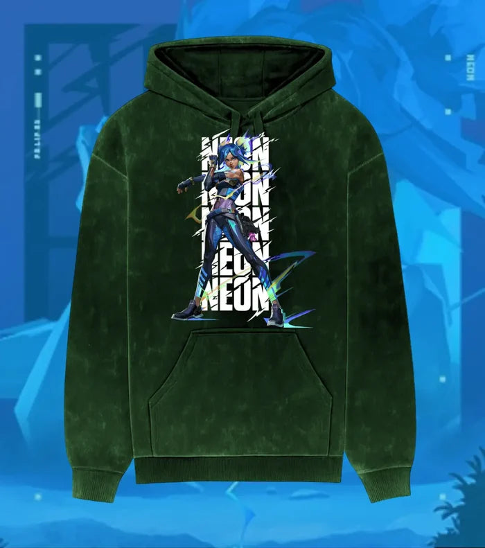 Neon – Speed Surge Valorant Acid Wash Hoodie | Premium Gamer Streetwear - Bottle Green / XS - Valorant