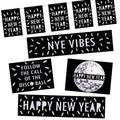A set of New Year disco decorations including banners, posters, and bunting with black and silver design elements featuring text such as 'Happy New Year' and 'NYE Vibes'.