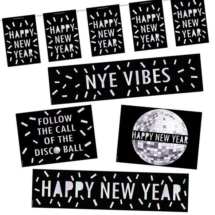 A set of New Year disco decorations including banners, posters, and bunting with black and silver design elements featuring text such as 'Happy New Year' and 'NYE Vibes'.