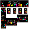 A set of New Year's Eve decoration materials with a black background featuring vibrant, colorful text and graphics including champagne glasses and confetti.