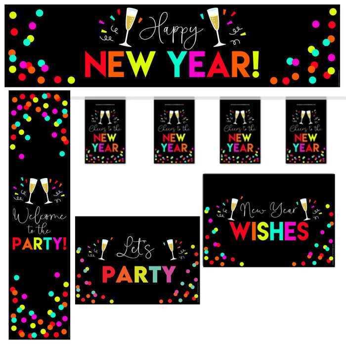 A set of New Year's Eve decoration materials with a black background featuring vibrant, colorful text and graphics including champagne glasses and confetti.