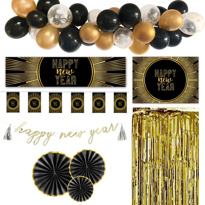 Collection of New Year's Eve decorations including balloons, banners, and fans on a white background.