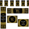 A set of New Year's Eve decorations featuring black and gold design elements, including banners and bunting with the text 'Happy New Year' and 'Welcome to the Party'.