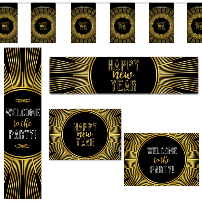 A set of New Year's Eve decorations featuring black and gold design elements, including banners and bunting with the text 'Happy New Year' and 'Welcome to the Party'.