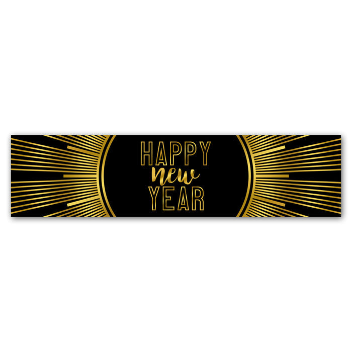 A 'Happy New Year' banner with a black and gold color scheme.