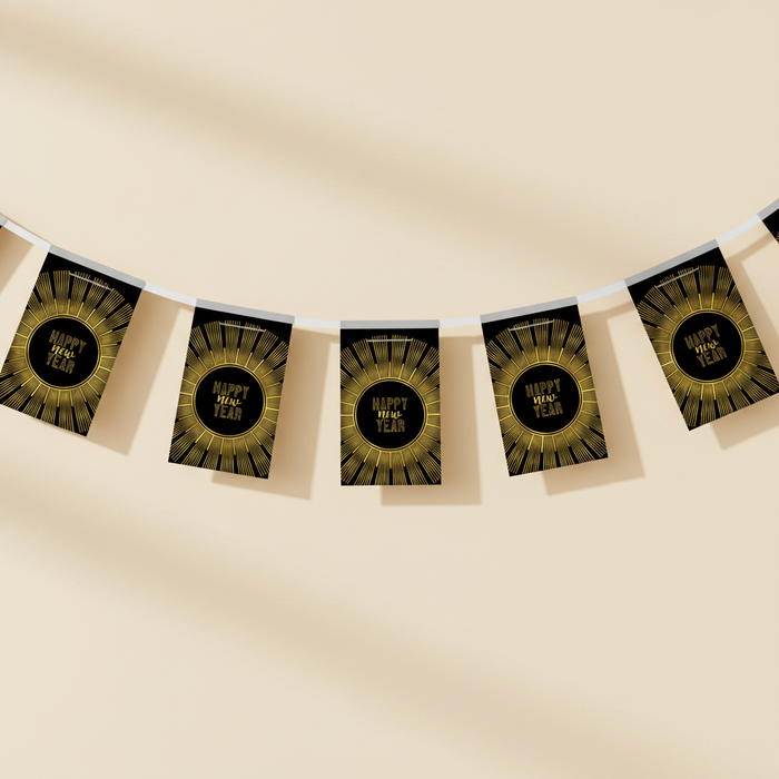One length of Happy New Year bunting against a cream wall