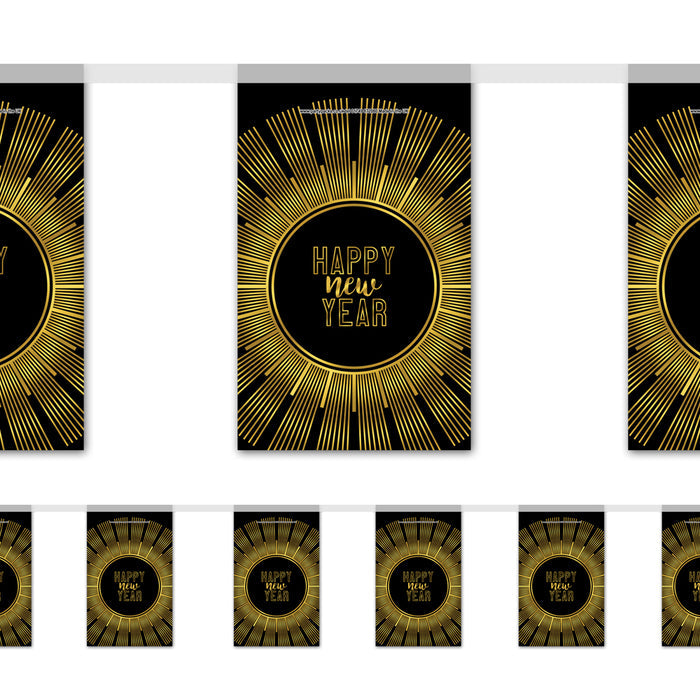 A string of round paper flags with a 'Happy New Year' message in black and gold colors.