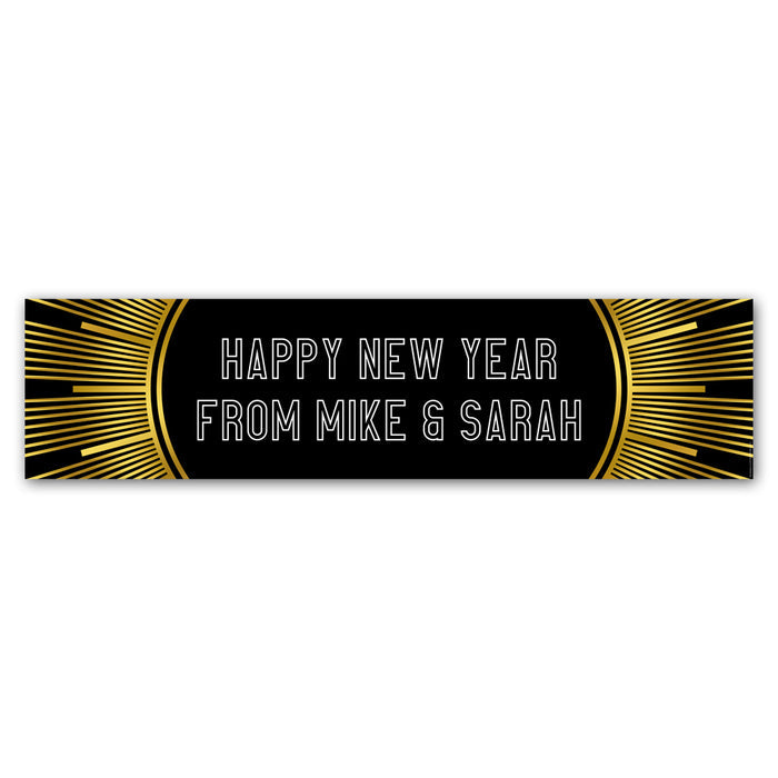 A personalised banner with a black and gold design, featuring the text 'Happy New Year from Mike & Sarah'.