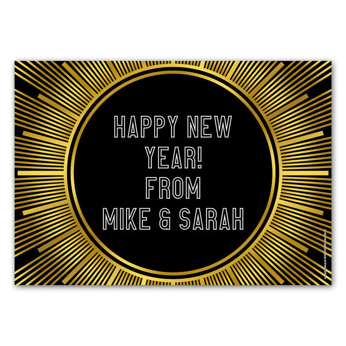 A personalized black and gold New Year's Eve poster decoration with custom text 'Happy New Year! From Mike & Sarah' displayed in the center.