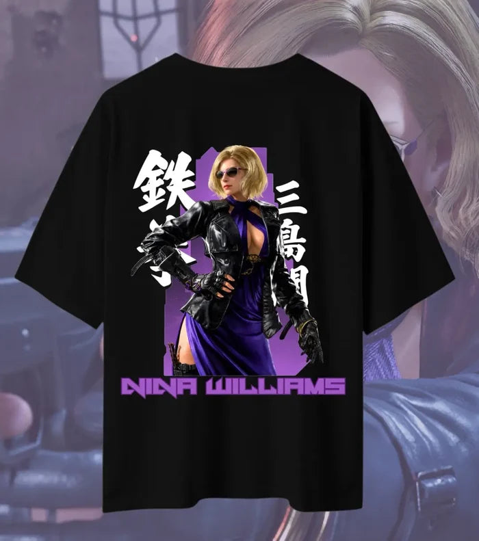 Nina Williams Tekken T-Shirt | Tekken 8 Gaming Tee | Oversized | Bowchika - 180GSM / Black / S - Tekken