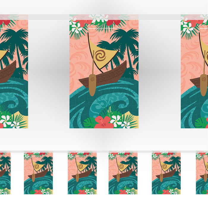 A paper bunting decoration featuring characters and elements from the Moana theme, with vibrant colors and sea-themed illustrations.