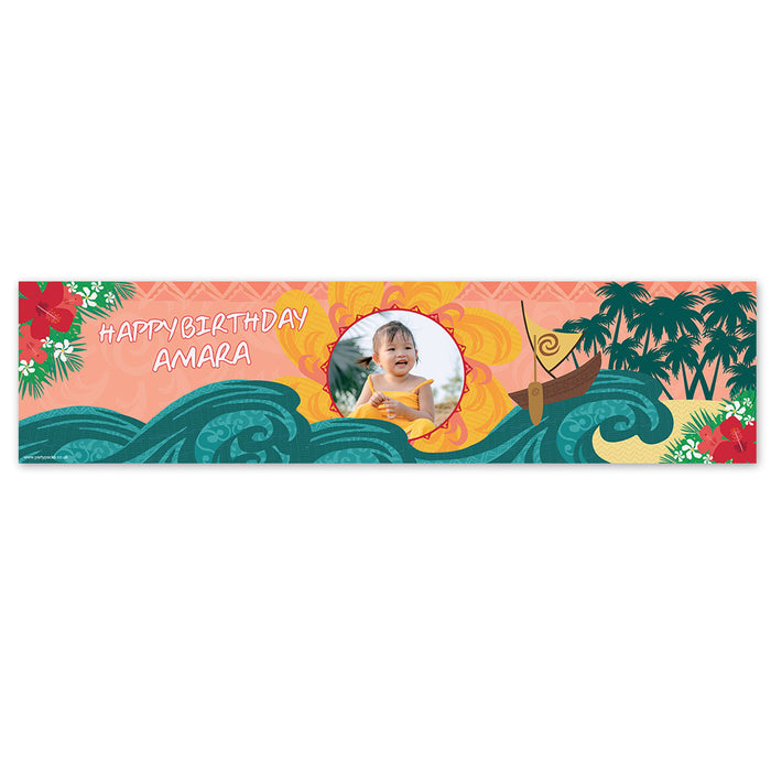 A personalised photo banner featuring a tropical ocean theme with character from Moana, custom text and a child's photo.