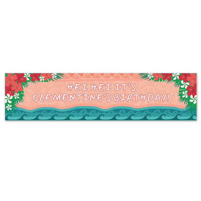 A personalised text banner with a tropical theme, featuring ocean and island imagery, and text that reads 'Hei Hei it's Clementine's Birthday!'.