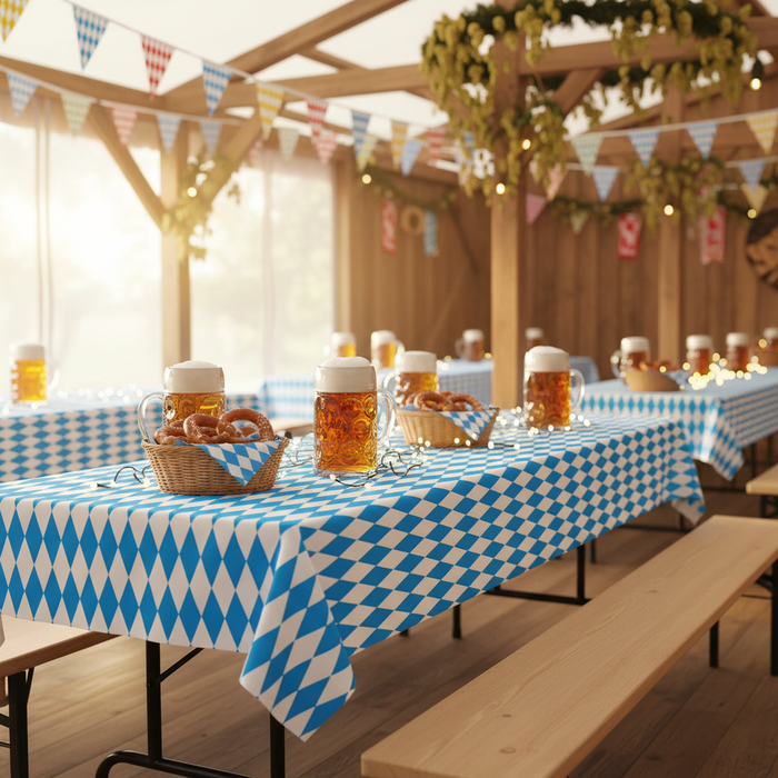 Oktoberfest Tablecloth in Beer Tent Setting