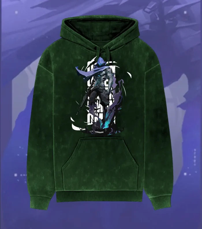 Omen – Shadow Reaper Valorant Acid Wash Hoodie | Premium Gamer Streetwear - Bottle Green / XS - Valorant