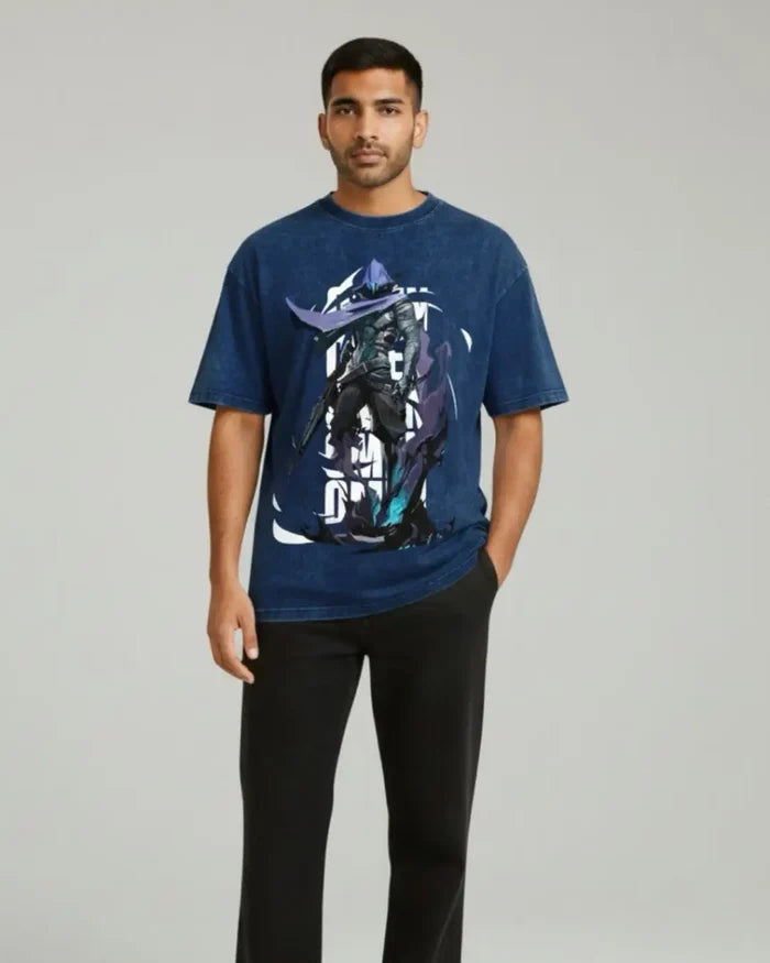 Omen – Shadow Reaper Valorant Acid Wash Tee | Bold Gamer Streetwear - Navy / XS - Valorant