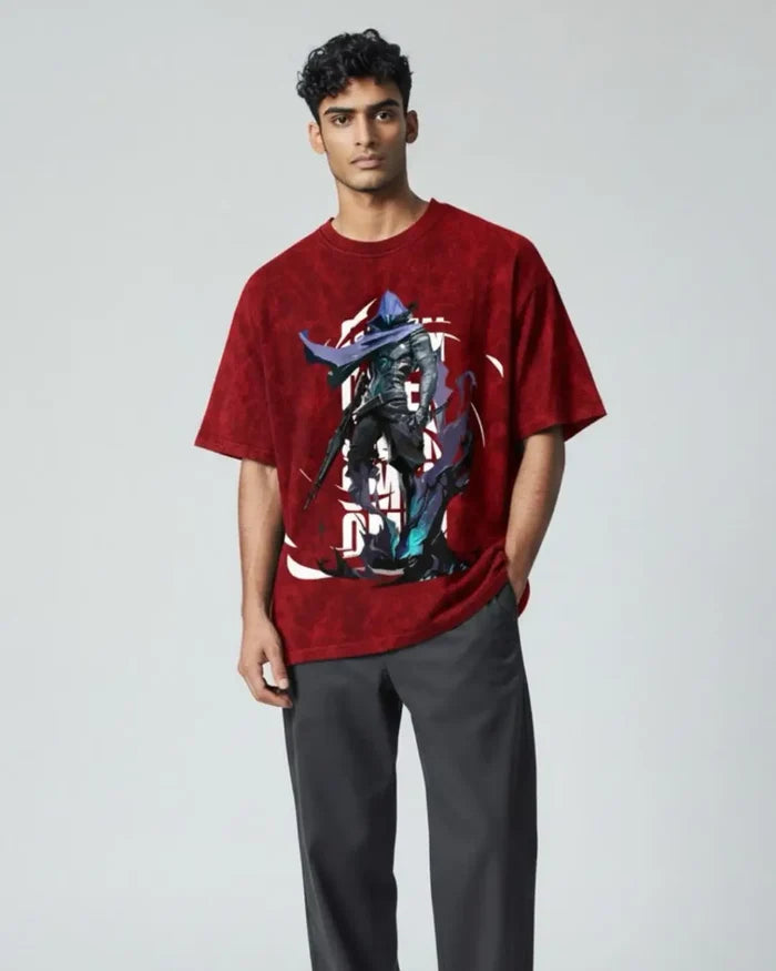Omen – Shadow Reaper Valorant Acid Wash Tee | Bold Gamer Streetwear - Maroon / XS - Valorant