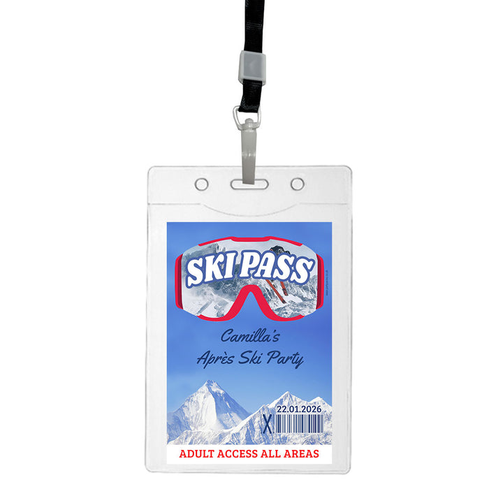 Ski pass card with mountain and goggles design on a white background