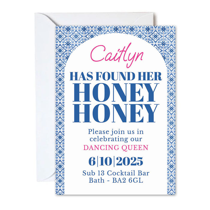 A personalized invitation card with a blue and white patterned border and pink text headers, inviting to a 'Dancing Queen' themed event.