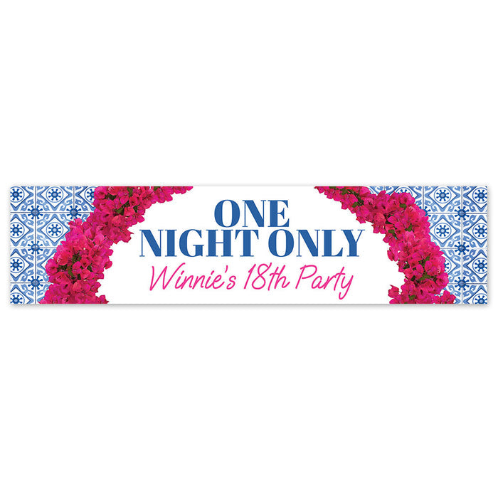A personalized landscape banner with a floral pattern and the text 'ONE NIGHT ONLY Winnie's 18th Party'.