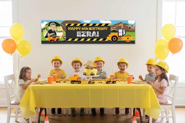 Personalised diggers photo banner displayed at construction-themed birthday party