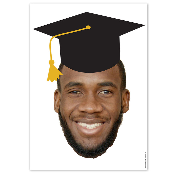 Cardboard cutout of a person wearing a graduation cap with a yellow tassel on a white background