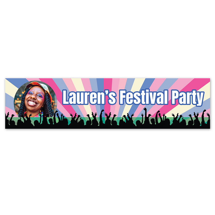 Banner with colorful design and text 'Lauren's Festival Party' featuring a silhouette of people and a portrait.