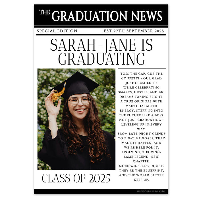 Graduation-themed newspaper with a photo of a graduate and text celebrating graduation, featuring 'The Graduation News' title.