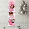 A vertical pink and white custom party banner displayed on a white brick wall, featuring customizable photos of a woman, cowboy boots, a cowboy hat, and a disco ball with text reading 'Annika's Last Rodeo', 'Bride's Last Rodeo', and 'She Found Her Cowboy'. Silver balloons and disco balls decorate the scene.