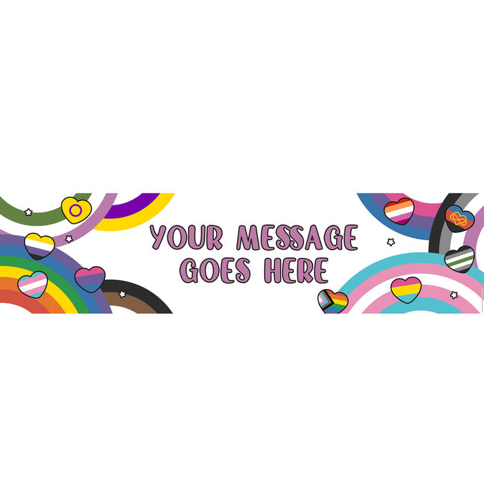 A personalised LGBTQ+ banner with a colorful background featuring rainbow and heart patterns, and a space for a custom message in the center.
