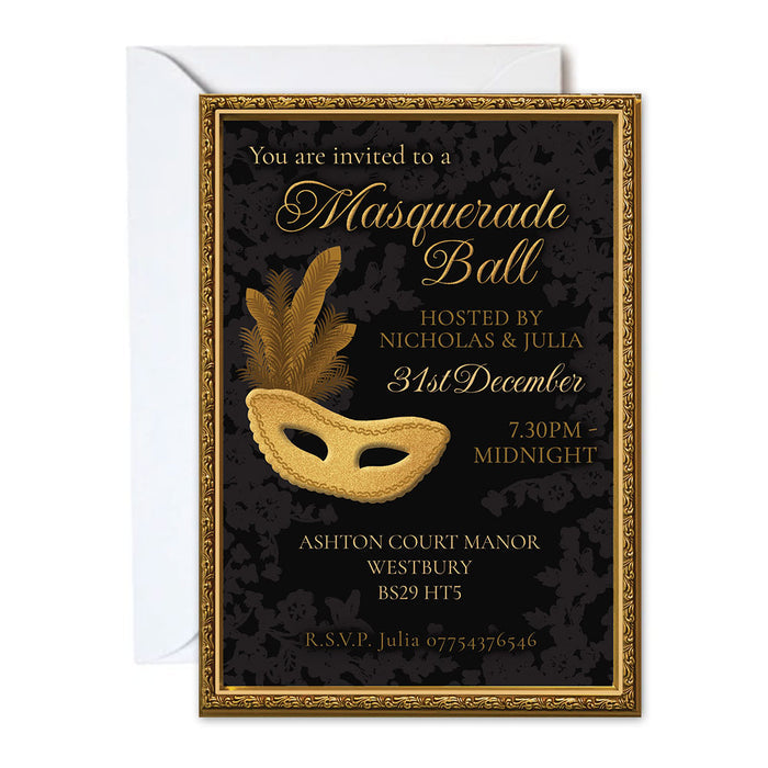 Masquerade ball invitation with gold mask and black background