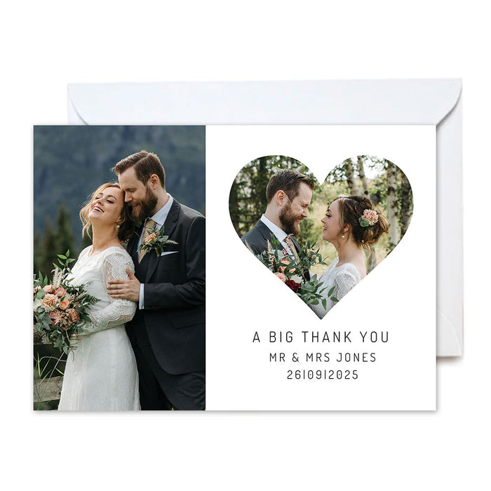 Wedding thank you card with a heart-shaped cutout featuring a couple and text.