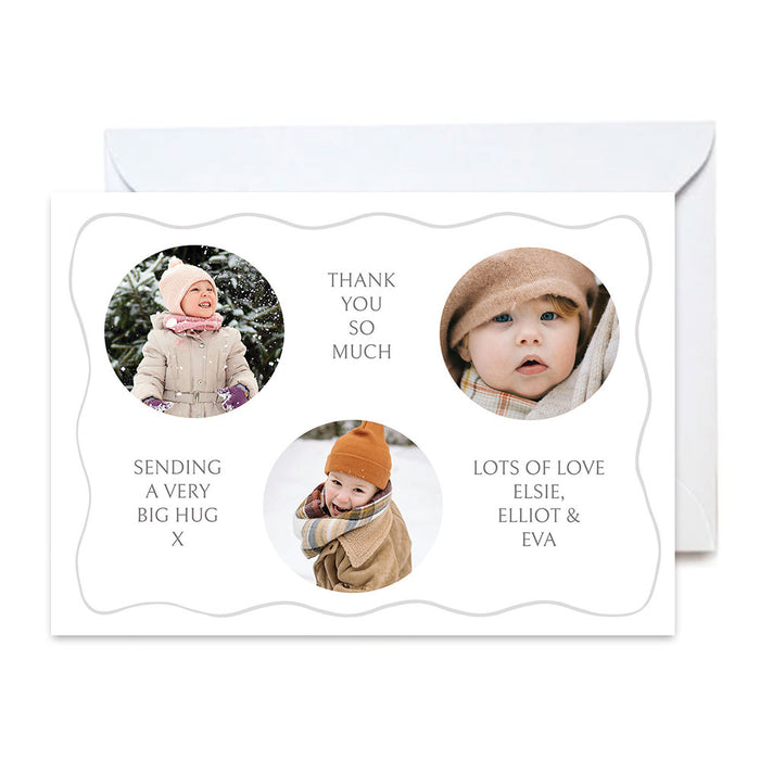Greeting card with three circular images of children and personalized text on a white background