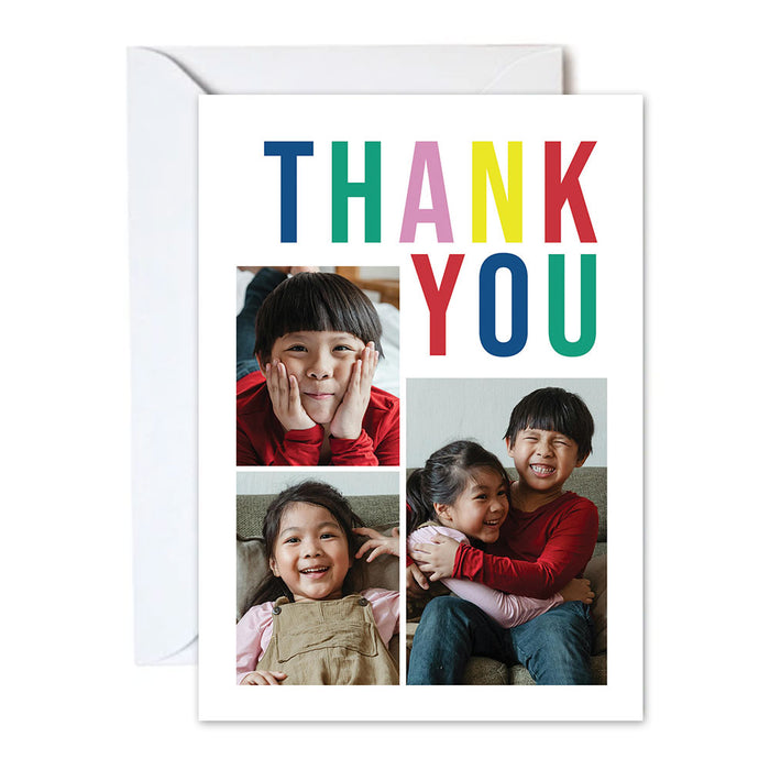 Greeting card with 'THANK YOU' text and photos of children on a white background
