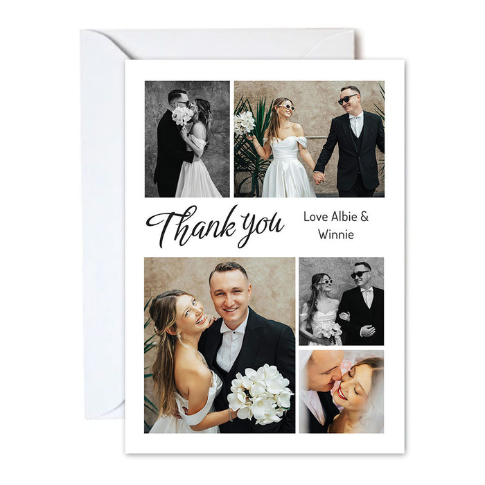 Wedding thank you card with photos of a couple and text 'Thank you Love Albie & Winnie'.