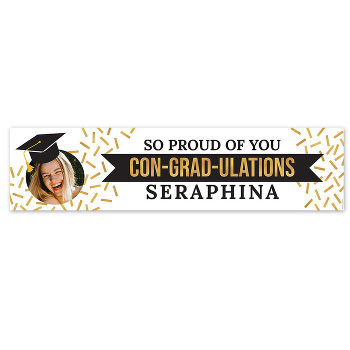 Graduation-themed banner with text and a photo of a person in a graduation cap.