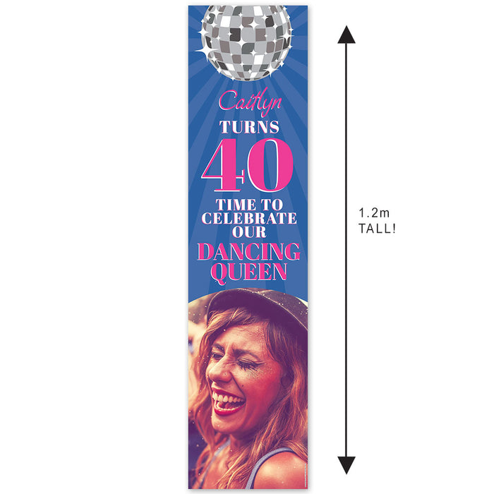 A personalized photo banner with a blue background featuring a disco ball, text celebrating a 40th birthday, and a photo of a smiling woman.