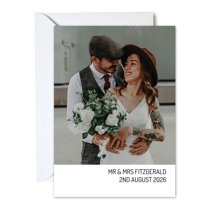 Wedding card with a couple holding hands and flowers, personalized with names and date.