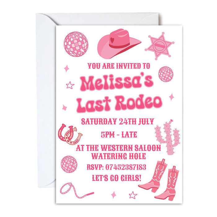 Pink-themed invitation card for Melissa's Last Rodeo with cowboy hat, boots, and other elements on a white background.