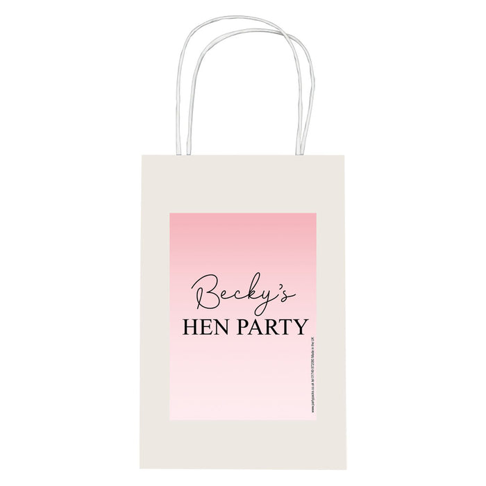 A personalised hen party paper party bag with a pink sticker label that reads 'Becky's HEN PARTY'.