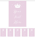 Personalised pink bunting with white crown motif and customizable text in the center flag.