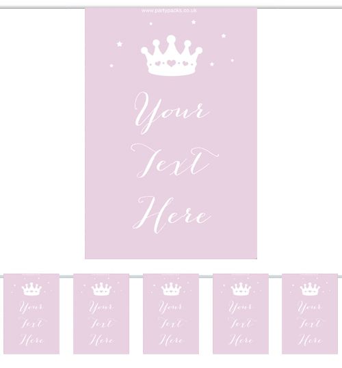 Personalised pink bunting with white crown motif and customizable text in the center flag.