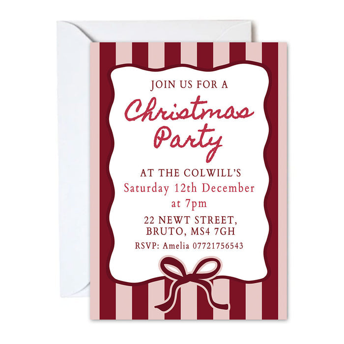Christmas party invitation with red and white striped border and bow design.