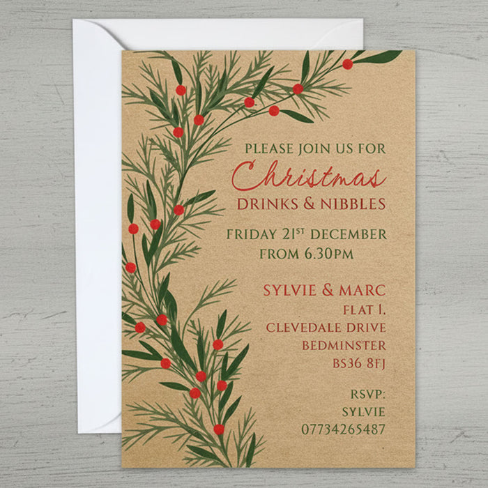 Personalised Scandi Foliage Christmas Party Invitations - Pack of 16