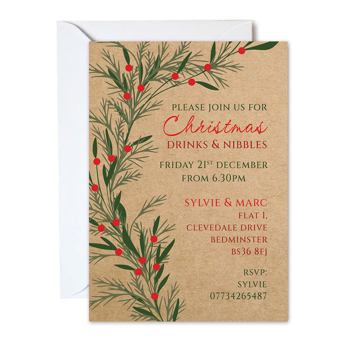 Invitation card for Christmas drinks and nibbles with holly design on kraft paper.